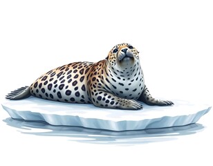 Obraz premium Leopard Seal Resting on Ice, Isolated on White Background