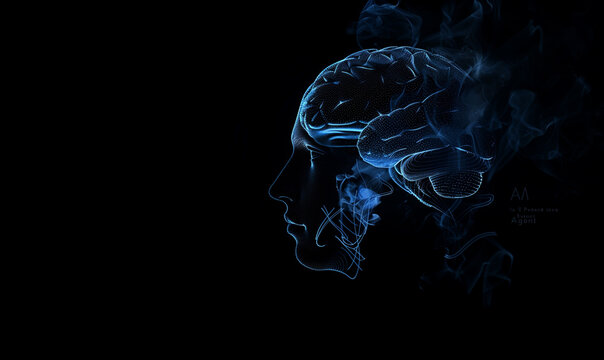 Abstract blue digital brain with neural connections on a dark background