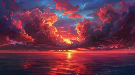 Dramatic red and orange clouds suspended above a serene ocean at twilight, casting a magical glow on the water
