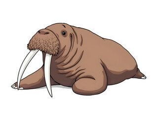 Walrus Illustration Lounging with Tusks on Transparent Background