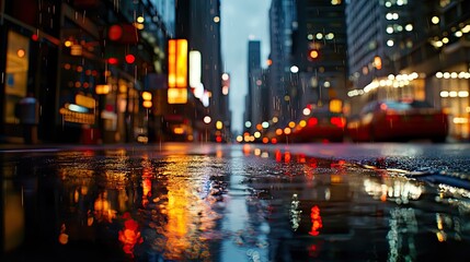Obraz premium Rainy city street at night, reflections in puddles, blurred background, urban backdrop, website banner