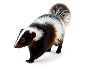 Obraz premium Realistic Portrait of a Skunk Walking with Its Tail Raised Isolated on a White Background
