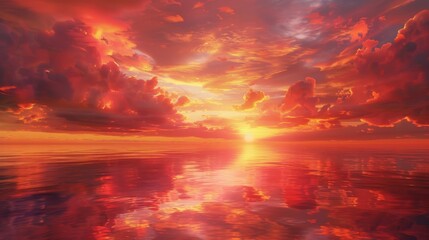 Dramatic red and orange clouds suspended over a still ocean at dawn, the vibrant colors casting a magical glow on the water