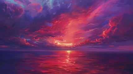 Dramatic red and purple clouds suspended above a serene ocean at twilight, casting a vibrant glow on the water