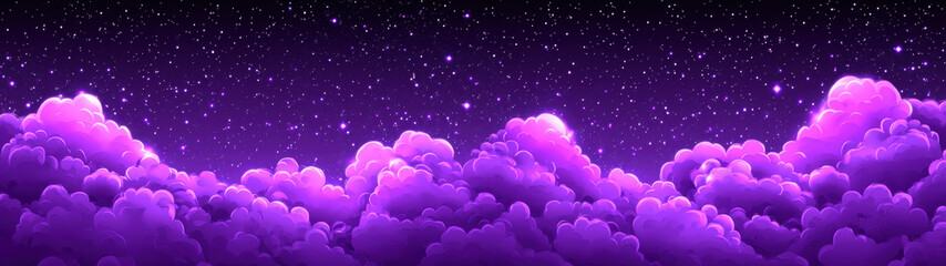 A dreamy purple sky adorned with glowing cartoon clouds and shimmering stars creates an enchanting, otherworldly ambiance