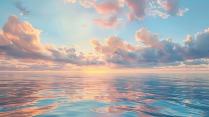 Obraz premium Enchanting pastel clouds floating above a calm ocean at sunrise, the sky painted in soft hues and their reflections shimmering on the water