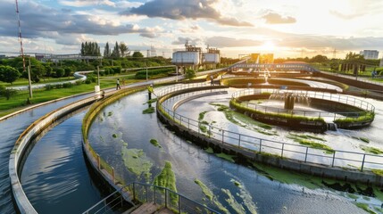 An expansive industrial water treatment plant with engineers monitoring filtration systems for purification of wastewater before release, Water treatment plant scene