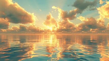 Golden clouds hovering above a still ocean at dusk, their reflections creating a mirror-like effect on the water