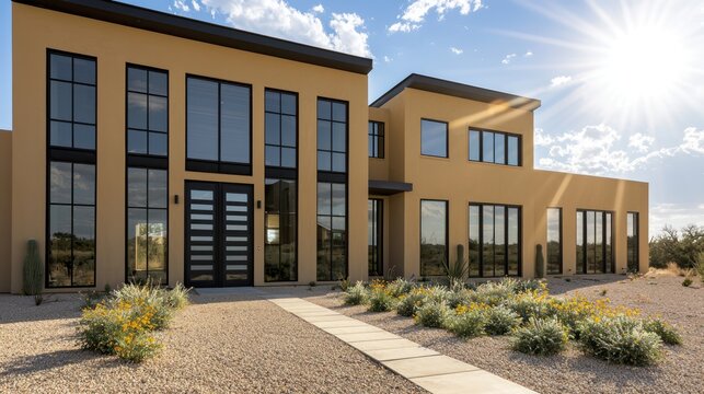 A modern tan house with reflective black windows and industrial steel doors