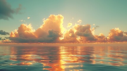 Golden clouds hovering above a still ocean at sunrise, their reflections creating a shimmering effect on the water