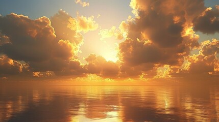 Golden clouds hovering above a still ocean at sunrise, their reflections creating a shimmering effect on the water