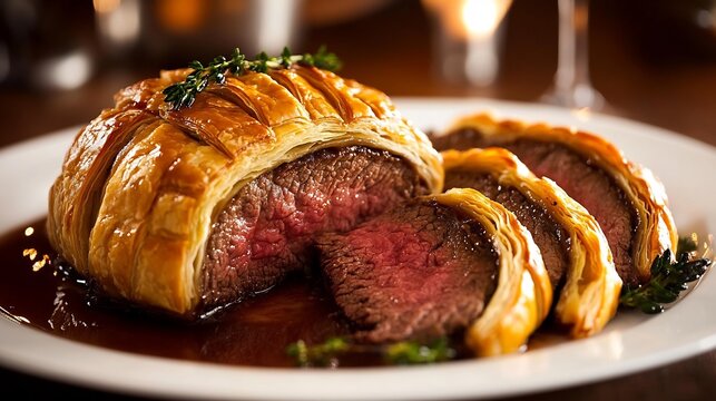 Plate of boeuf en crote beef Wellington served slices showcasing its golden puff pastry and tender beef