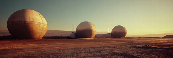 Industrial oil storage tanks during sunset in a remote location. Generative AI