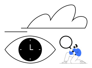 Eye with clock, cloud outline, person holding magnifying glass. Ideal for time management, analysis, creativity, problem-solving, vision, exploration abstract line flat metaphor