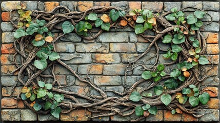 Intricate Vine Embrace: A Brick Wall's Verdant Tapestry