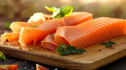 Delicate slices of fresh salmon with herbs and tomatoes in enticing slow motion for culinary promotions