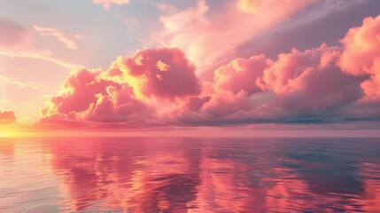Obraz premium Fluffy pink and orange clouds suspended above a tranquil sea at sunset, the vibrant colors reflecting on the water