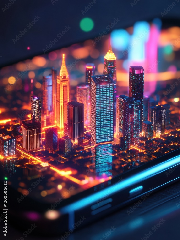 Aufkleber Tiny cityscape emerges from glowing smartphone screen in vibrant evening setting. Generative AI