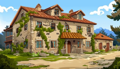Obraz premium A rustic stone house with ivy growing on the walls, a red tile roof, and a wooden door, surrounded by trees and mountains.