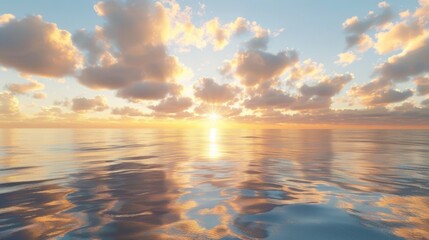 Golden clouds drifting above a calm ocean at sunrise, their reflections shimmering on the water