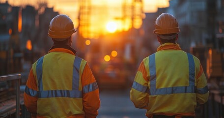 Construction Site Sunset Meeting Between Hispanic Female Inspector and Caucasian Male Manager Discussing Plans with Tablet