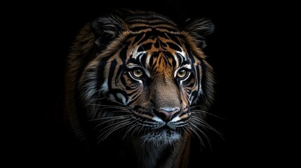 Fototapeta premium Tiger head, facing forward, in the dark. Studio lit portrait for wildlife art, advertising or nature docs