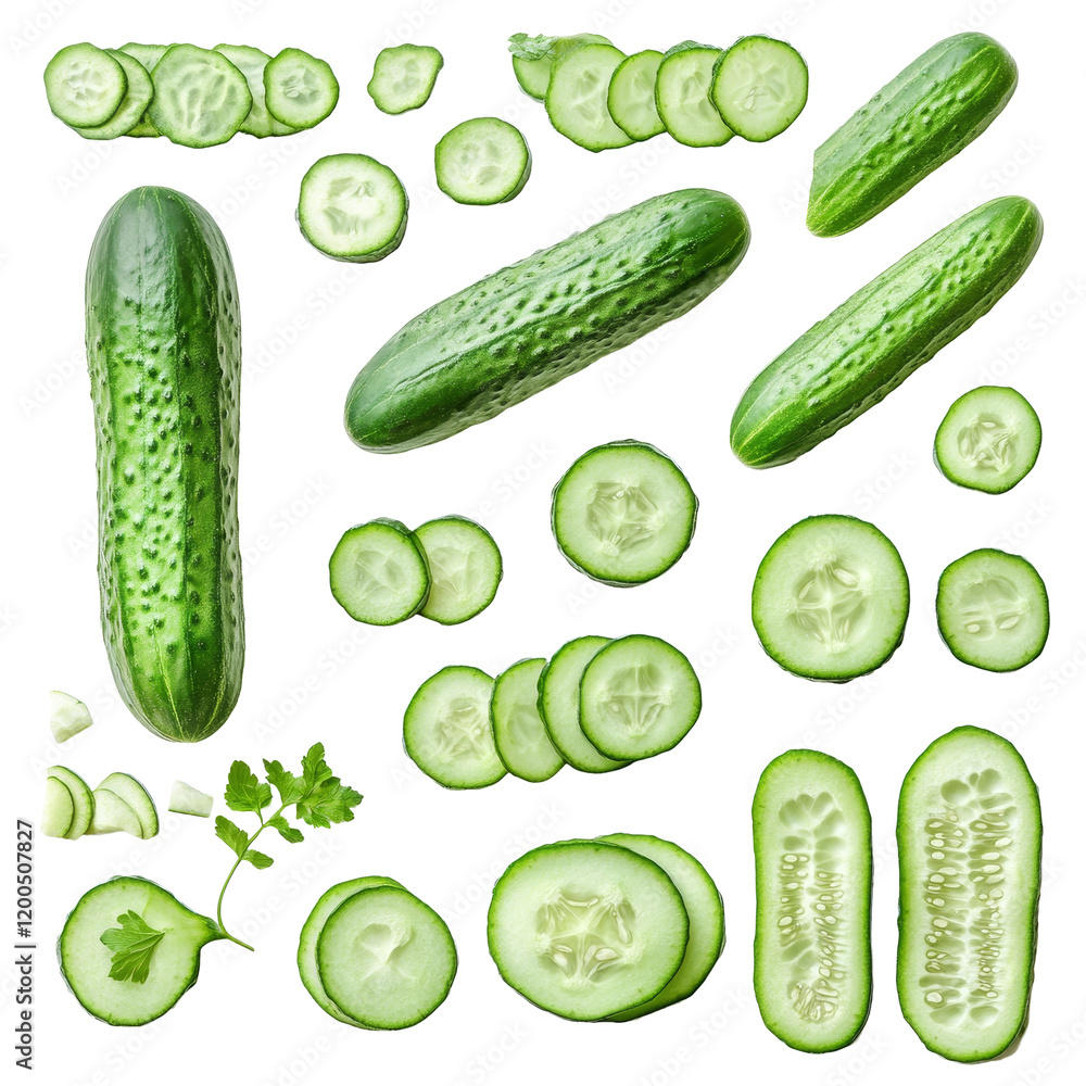 Poster fresh cucumbers and their vibrant green slices on a clean transparent background showcasing healthy 