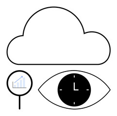 Cloud outline with an eye containing a clock, magnifying glass showing a bar graph. Ideal for cloud computing, data analysis, time management, vision, strategy, monitoring, abstract line flat