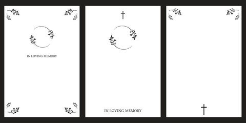 Set of funeral empty card. Funeral card with white background. Church cross and leaves