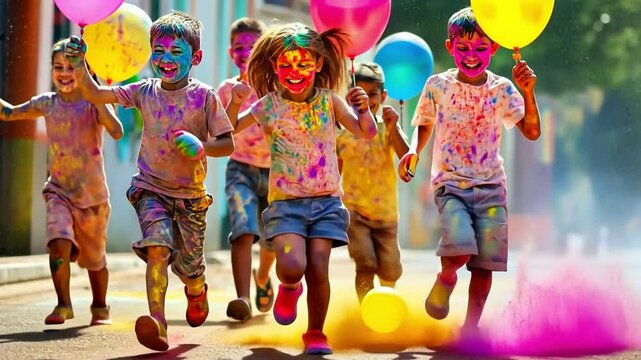A Rainbow of Joy:  A group of children painted in vibrant colors, their faces beaming with joy and laughter, run through a cloud of colorful powder.