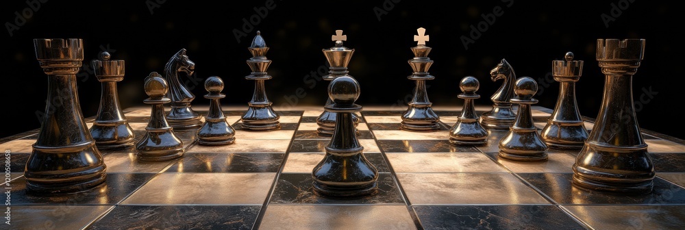 Poster chess pieces arranged on a polished board captured in a dramatic low light setting. generative ai