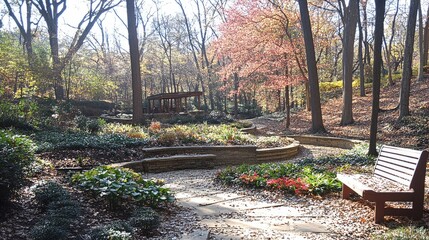 Autumn park path, gazebo, bench, woodland setting; serene landscape for relaxation, travel brochures