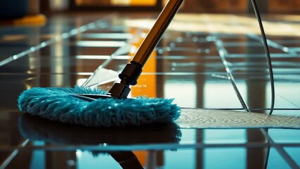 Floor Cleaning with Spin Mop: A close-up shot of a blue spin mop cleaning a glossy tiled floor, showcasing its effectiveness and ease of use. The image emphasizes cleanliness and hygiene. 