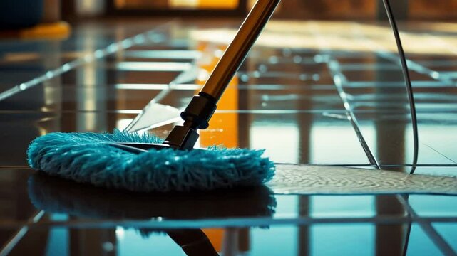 Floor Cleaning with Spin Mop: A close-up shot of a blue spin mop cleaning a glossy tiled floor, showcasing its effectiveness and ease of use. The image emphasizes cleanliness and hygiene. 