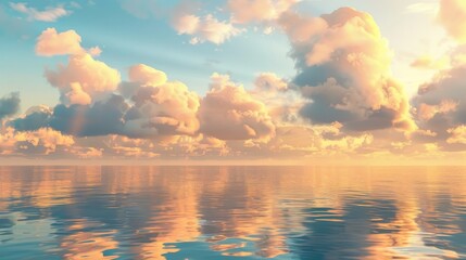 Golden clouds floating over a serene sea at dusk, their reflections shimmering on the water