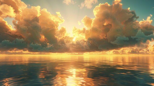 Golden clouds floating over a serene sea at dusk, their reflections shimmering on the water