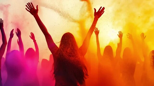 A Symphony of Colors:  A vibrant crowd celebrates, bathed in a colorful explosion of paint and joy, creating an ethereal, silhouette-like spectacle of light and movement.  