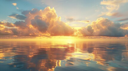 Golden clouds floating over a tranquil sea at dusk, their reflections shimmering on the water