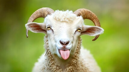 Obraz premium A White Sheep With Horns Sticking Out Its Tongue