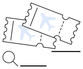 Two airline tickets featuring airplane icons with a magnifying glass nearby. Ideal for travel planning, flight booking, tourism, vacation, transportation, ticketing, and logistics. Abstract line flat