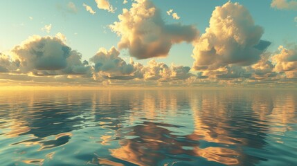 Golden clouds hovering above a calm ocean at dusk, their reflections creating a mirror-like effect on the water