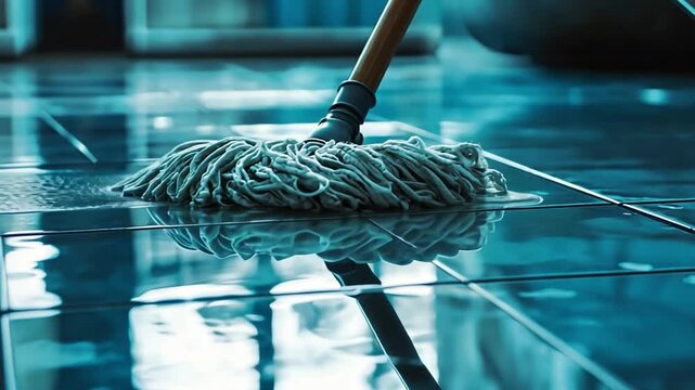 Cleanliness in Motion: A close-up shot of a mop cleaning a tiled floor, showcasing the process of sanitizing and restoring shine. The image captures the essence of cleanliness, hygiene, and order.