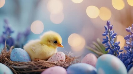 Cute chick in nest with colored eggs on light pastel blurred background with lights and flowers. Poultry farm, farming and eco food. Easter and spring holidays concept with copy space