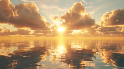 Golden clouds hovering above a calm ocean at sunrise, their reflections creating a shimmering effect on the water