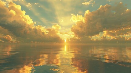 Golden clouds hovering above a still ocean at dusk, their reflections creating a mirror-like effect on the water