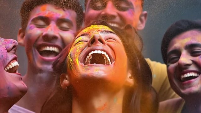 Unbridled Joy: Holi Festival Celebration: A vibrant group of friends laugh heartily, their faces playfully dusted with colorful Holi powder.