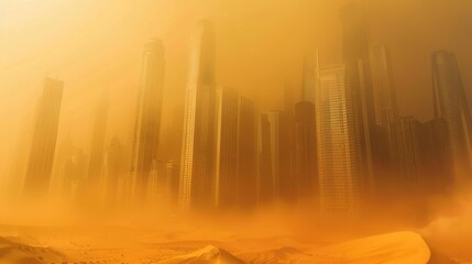 Sandstorm engulfs skyscrapers in city business district creating surreal atmosphere