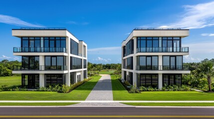 A modern view of two townhouses with ivory walls, black glass windows, and green lawns extending to...