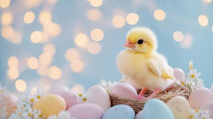 Cute chick in nest with colored eggs on light pastel blurred background with lights and flowers. Poultry farm, farming and eco food. Easter and spring holidays concept with copy space