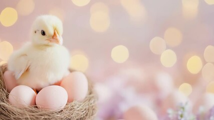 Cute chick in nest with colored eggs on light pastel blurred background with lights and flowers. Poultry farm, farming and eco food. Easter and spring holidays concept with copy space
